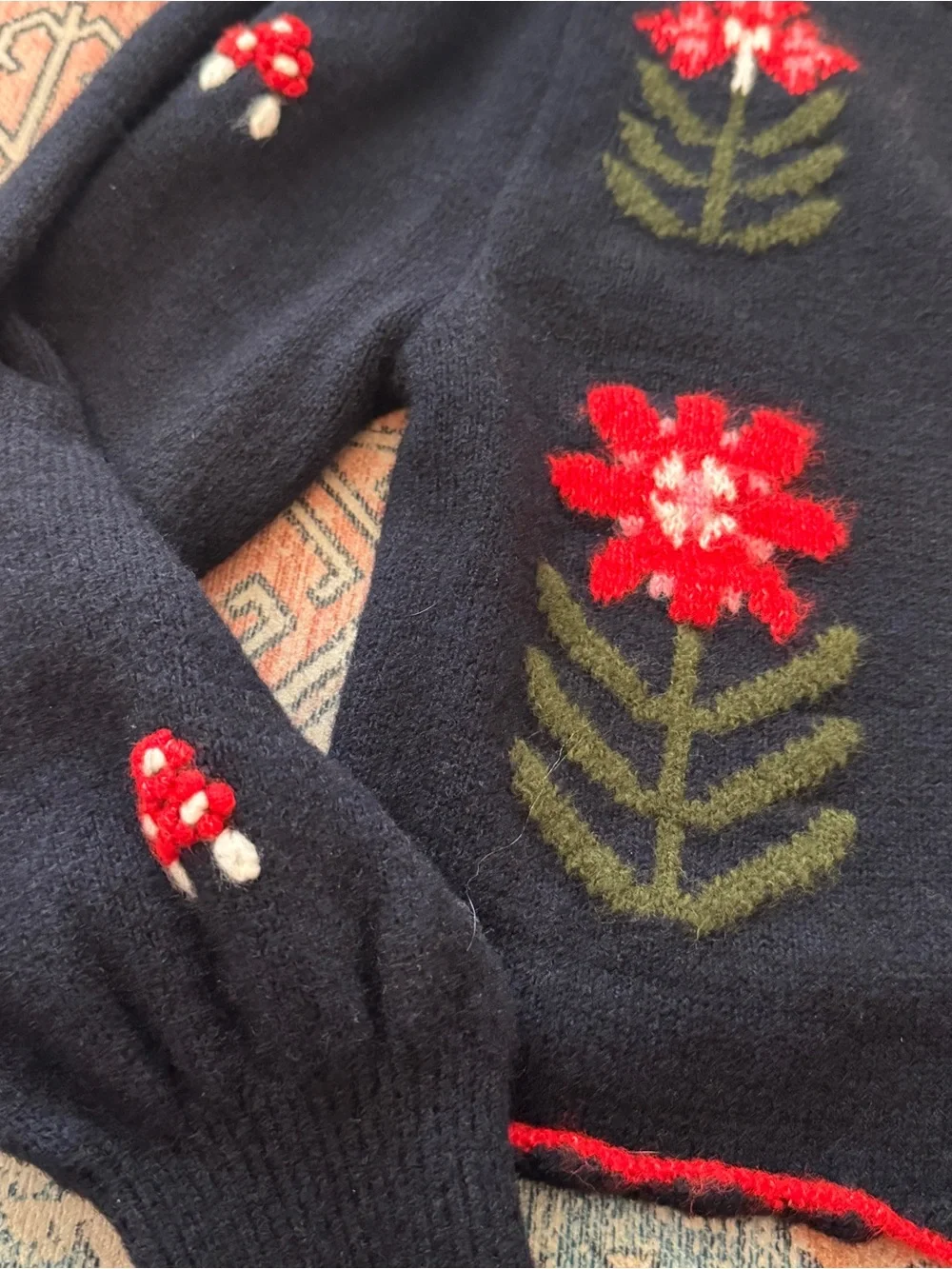 Free People Nonna Knit Navy Cropped Cardigan with Red Floral Intarsia